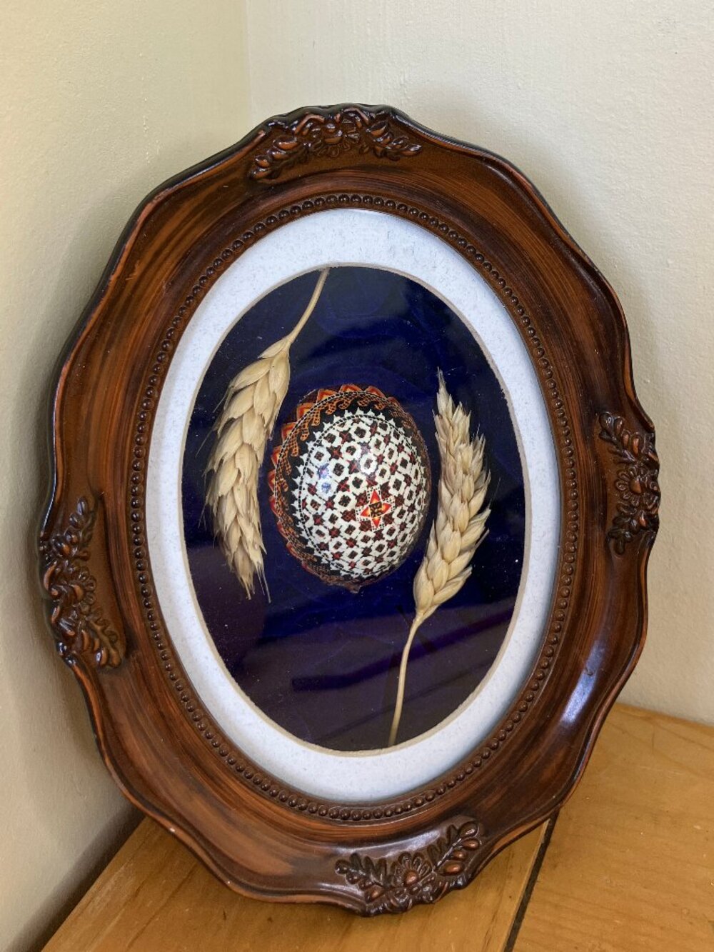 Pysanky Hand Painted Egg Framed with Wheat Vintage Oval Shadow Box Frame